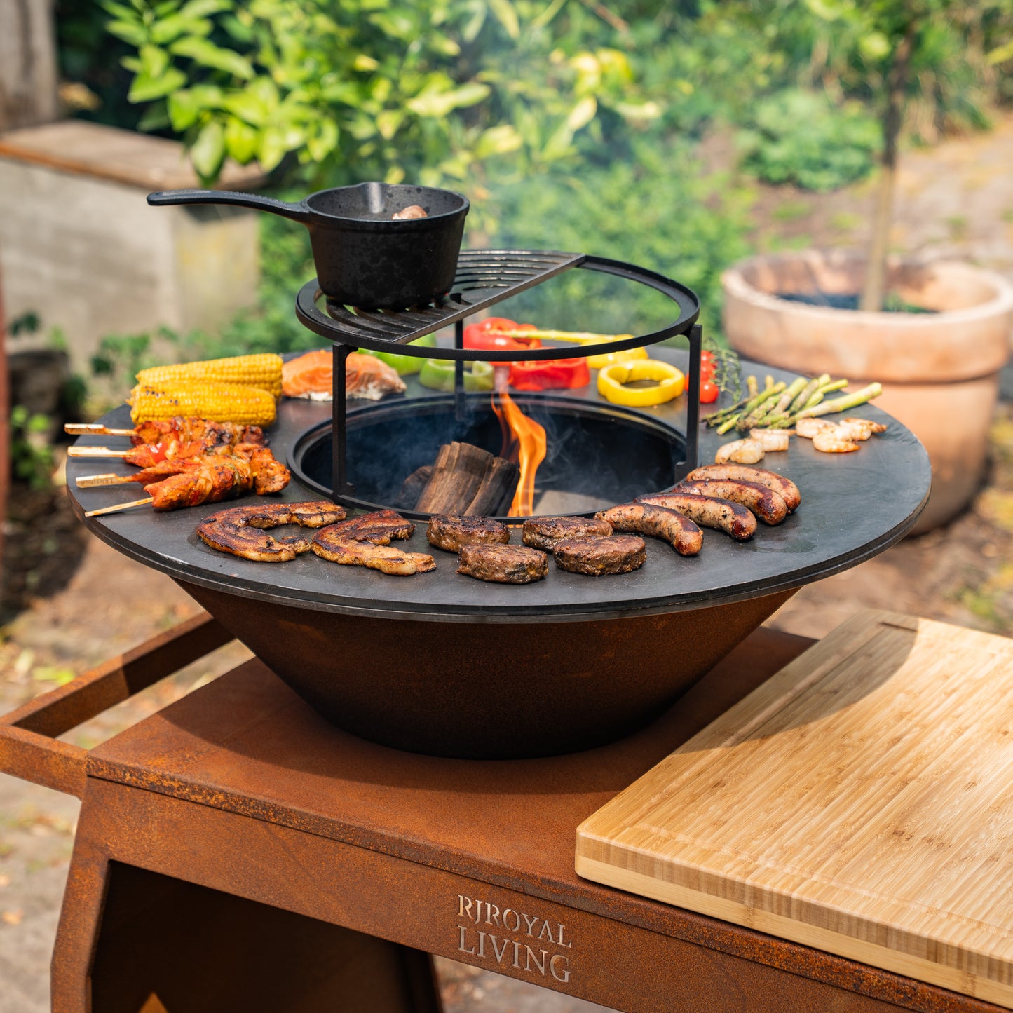 BBQ Plancha Grill Big Jack Corten Steel 3.0 - Con coperchio e contenitore per la legna