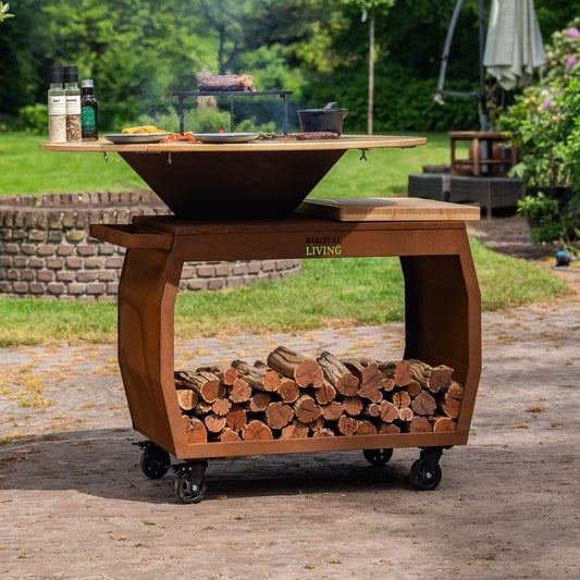 BBQ Plancha Grill Big Jack Corten Steel 3.0 - Con coperchio e contenitore per la legna