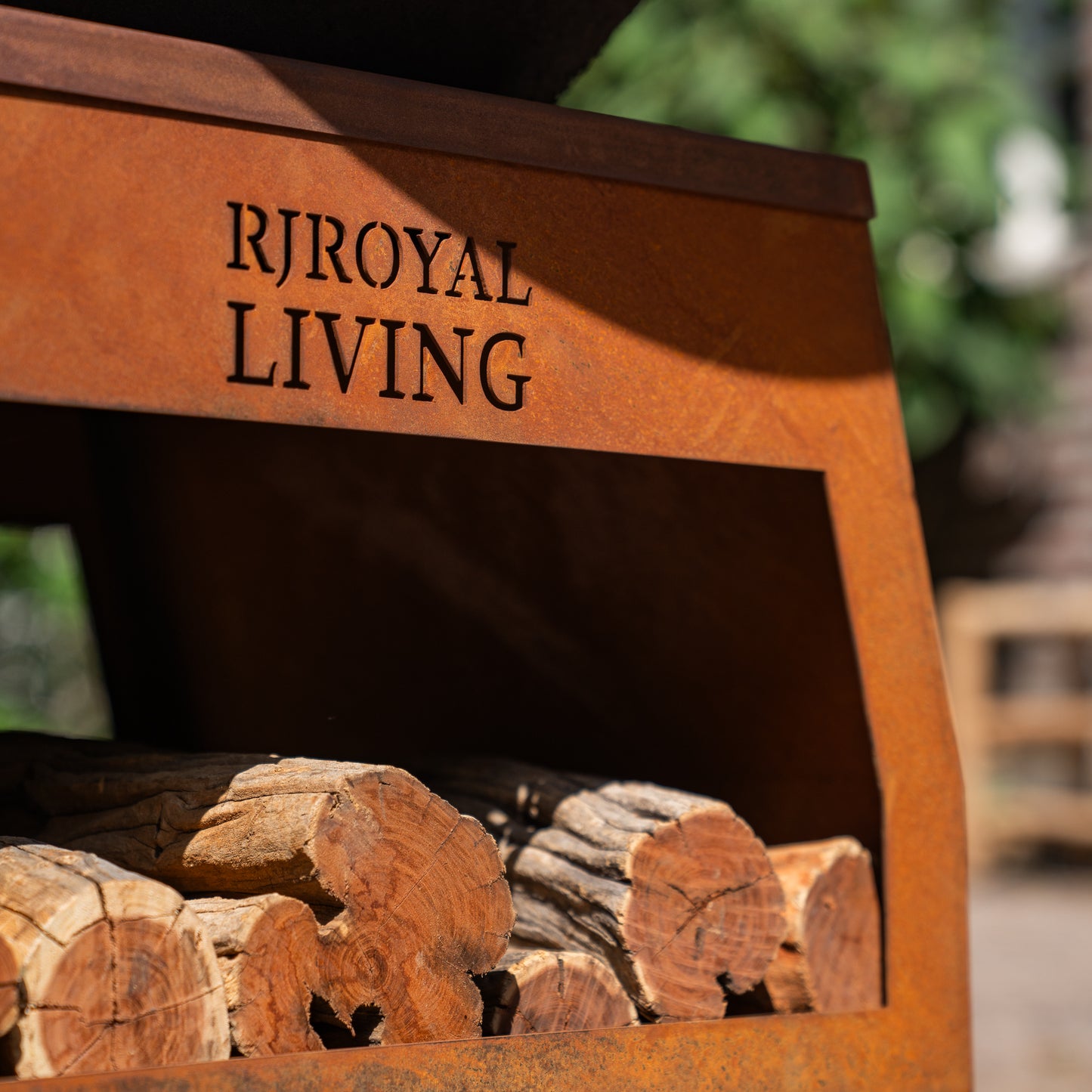 BBQ Plancha Grill Brasero Braciere in acciaio Corten con ruote grandi e contenitore per legna Ø75cm