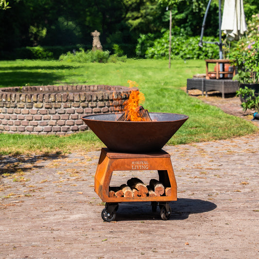 BBQ Plancha Grill Brasero Braciere in acciaio Corten con ruote grandi e contenitore per legna Ø75cm