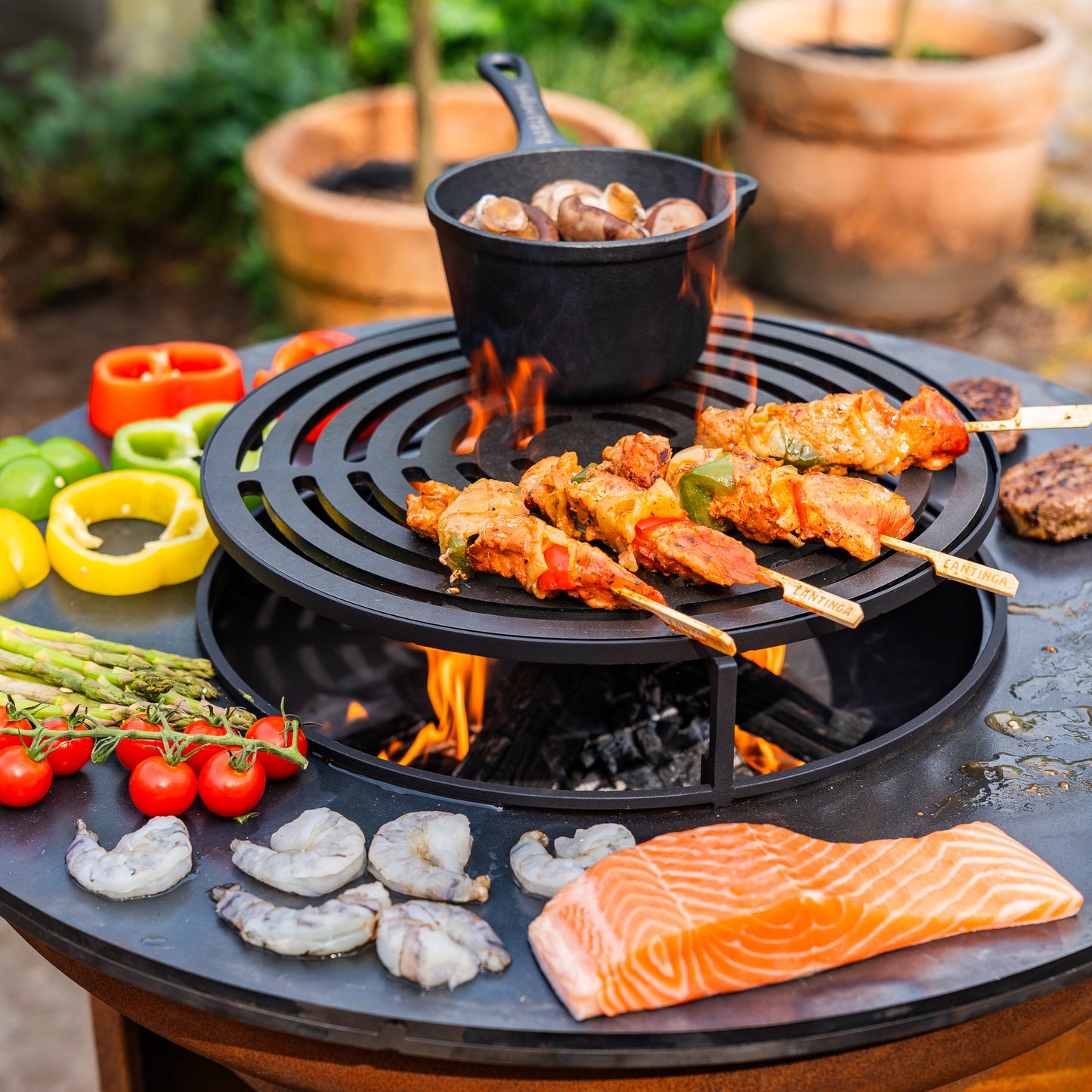 Barbecue Plancha Grill Acciaio Corten 8mm Camarada 2.0 - Con porta legna Ø70cm