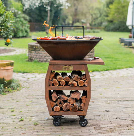 BBQ Plancha Grill Compañero XXL Acciaio Corten 2.0 - Con coperchio e porta legna Ø80cm