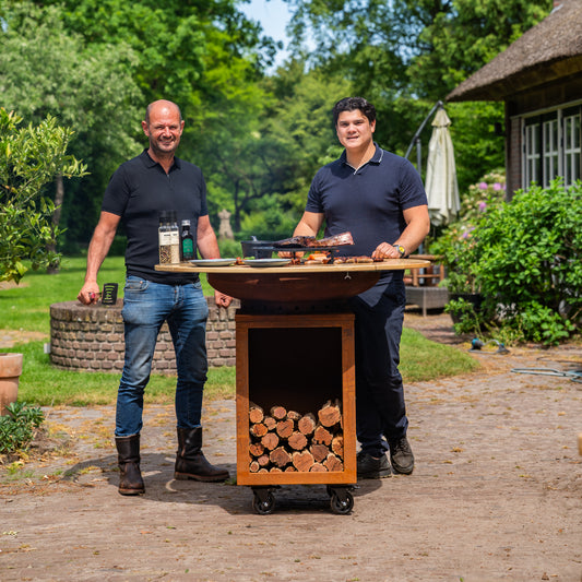 BBQ Plancha Grill Hermano XXL Acciaio Corten - Ø80cm 8mm con Bordo in Legno Mesa