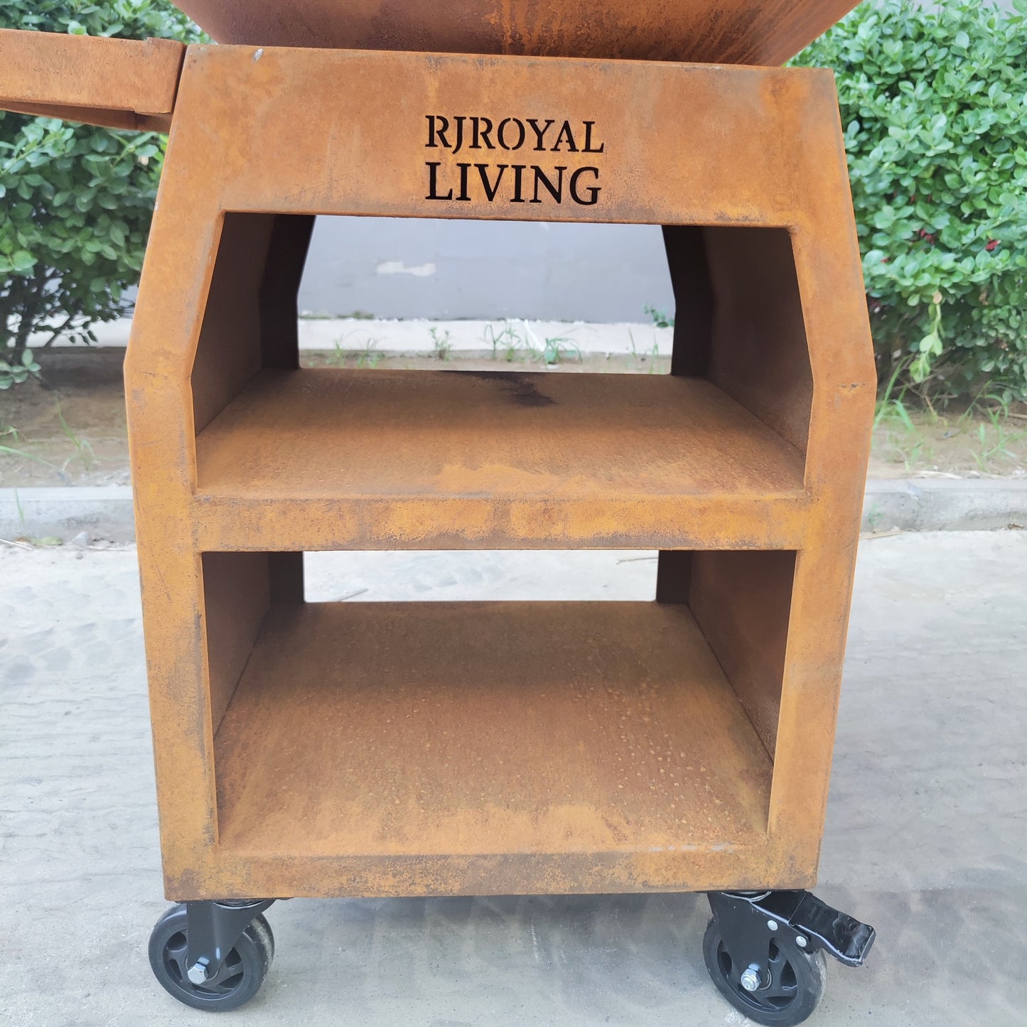 BBQ Plancha Grill Maestro XXXL Ø100cm Acciaio Corten - Con ruote grandi e contenitore per la legna