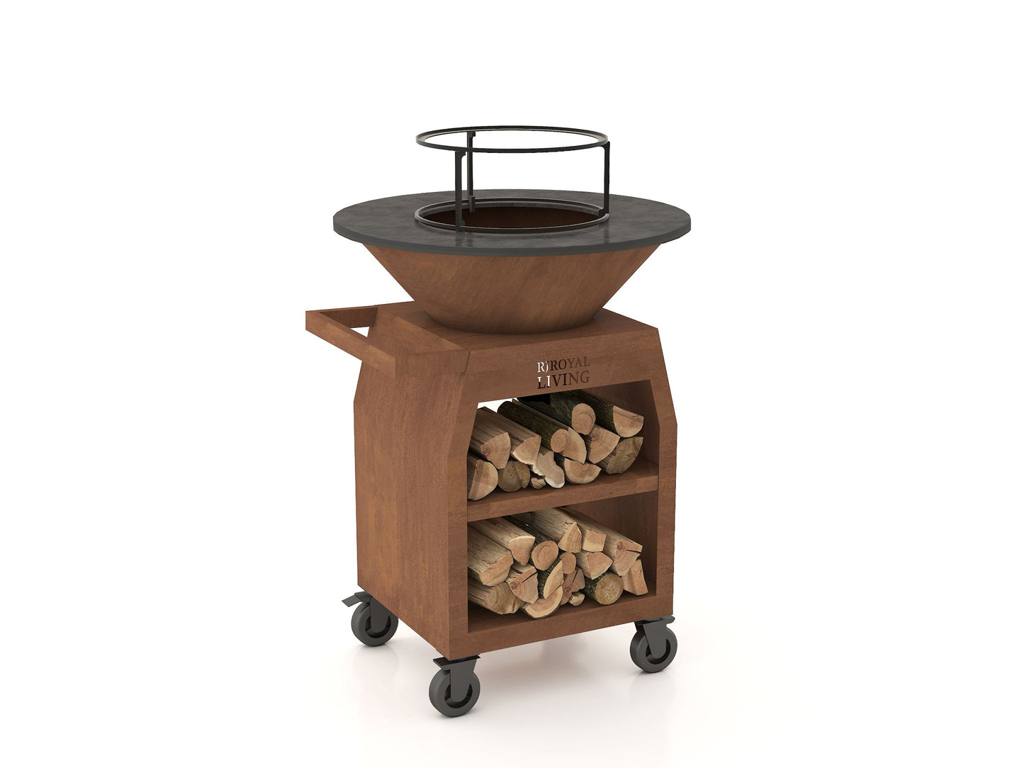 BBQ Plancha Grill Maestro XXXL Ø100cm Acciaio Corten - Con ruote grandi e contenitore per la legna