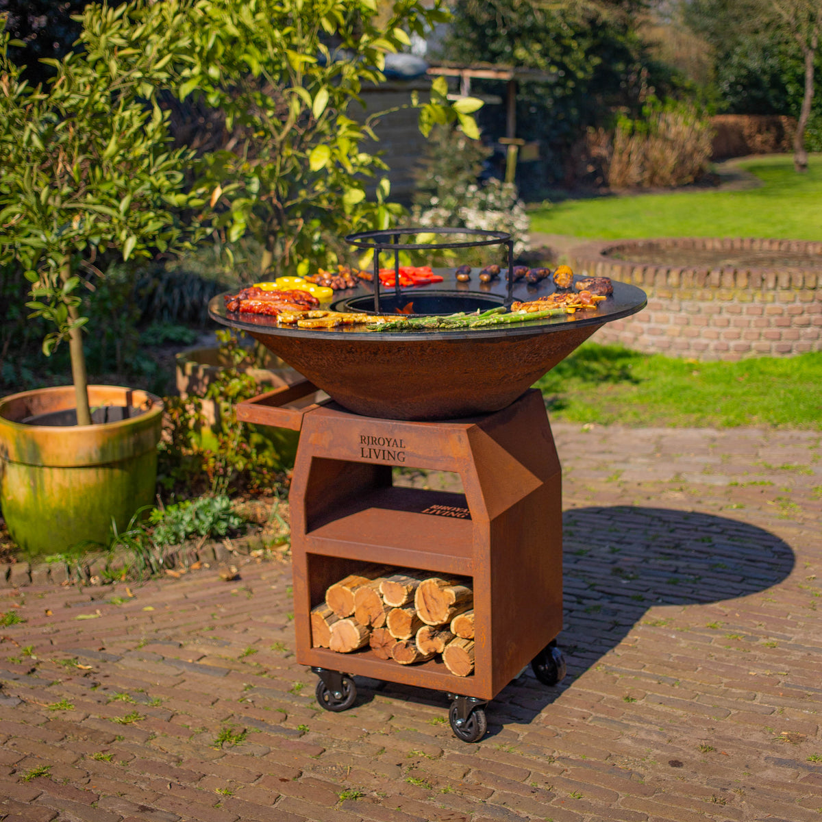 BBQ Plancha Grill Maestro XXXL Ø100cm Acciaio Corten - Con ruote grandi e contenitore per la legna
