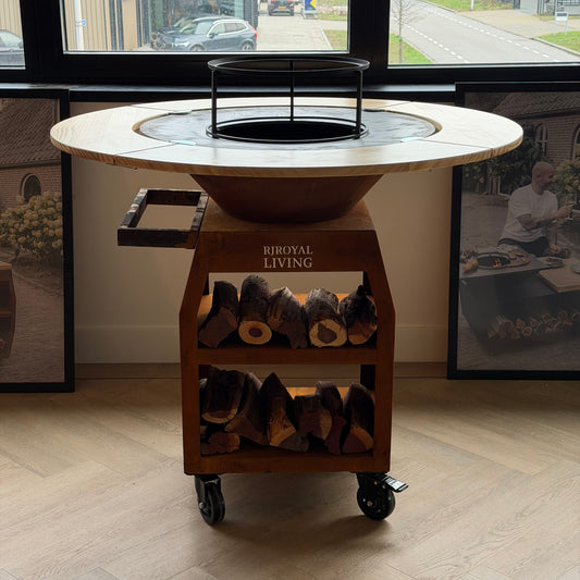 BBQ Plancha Grill Maestro XXXL Ø100cm Acciaio Corten - Con ruote grandi e contenitore per la legna