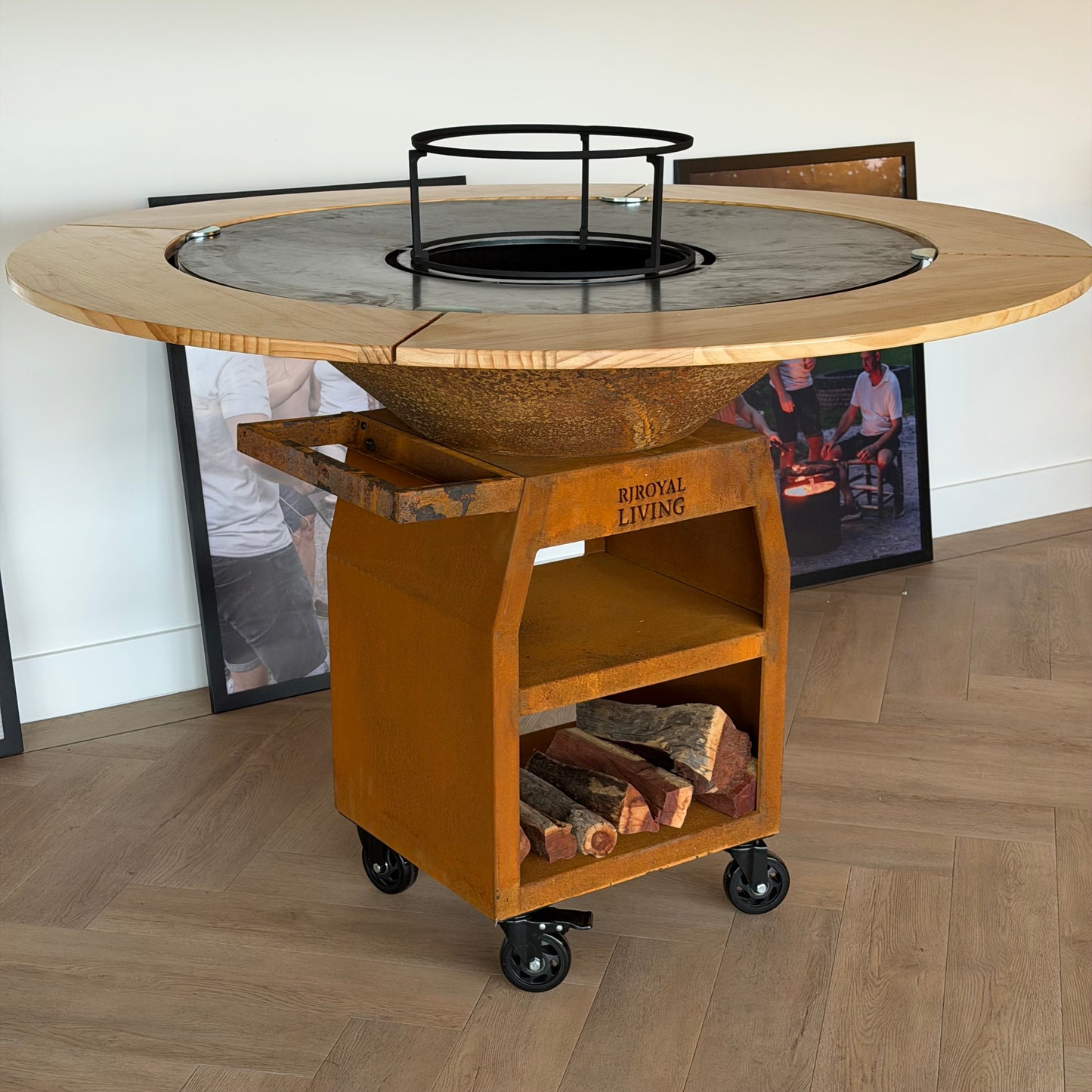 BBQ Plancha Grill Maestro XXXL Ø100cm Acciaio Corten - Con ruote grandi e contenitore per la legna