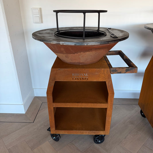 BBQ Plancha Grill Maestro XXXL Ø100cm Acciaio Corten - Con ruote grandi e contenitore per la legna