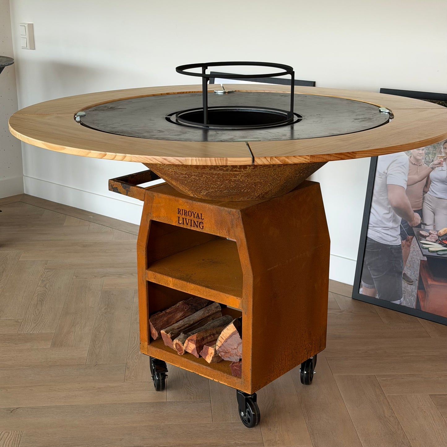 BBQ Plancha Grill Maestro XXXL Ø100cm Acciaio Corten - Con ruote grandi e contenitore per la legna