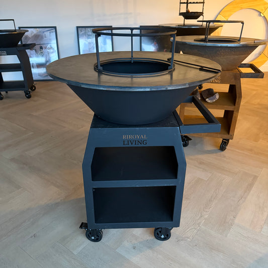 BBQ Plancha Grill Maestro XXXL Ø100cm Acciaio Corten - Con ruote grandi e contenitore per la legna