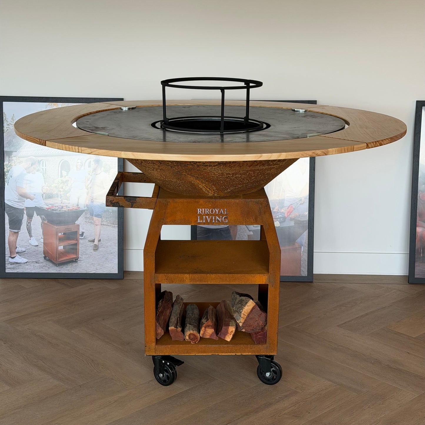 BBQ Plancha Grill Maestro XXXL Ø100cm Acciaio Corten - Con ruote grandi e contenitore per la legna