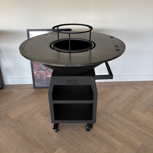 BBQ Plancha Grill Maestro XXXL Ø100cm Acciaio Corten - Con ruote grandi e contenitore per la legna