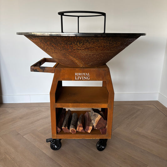 BBQ Plancha Grill Maestro XXXL Ø100cm Acciaio Corten - Con ruote grandi e contenitore per la legna
