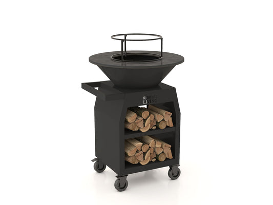 BBQ Plancha Grill Maestro XXXL Ø100cm Acciaio Corten - Con ruote grandi e contenitore per la legna