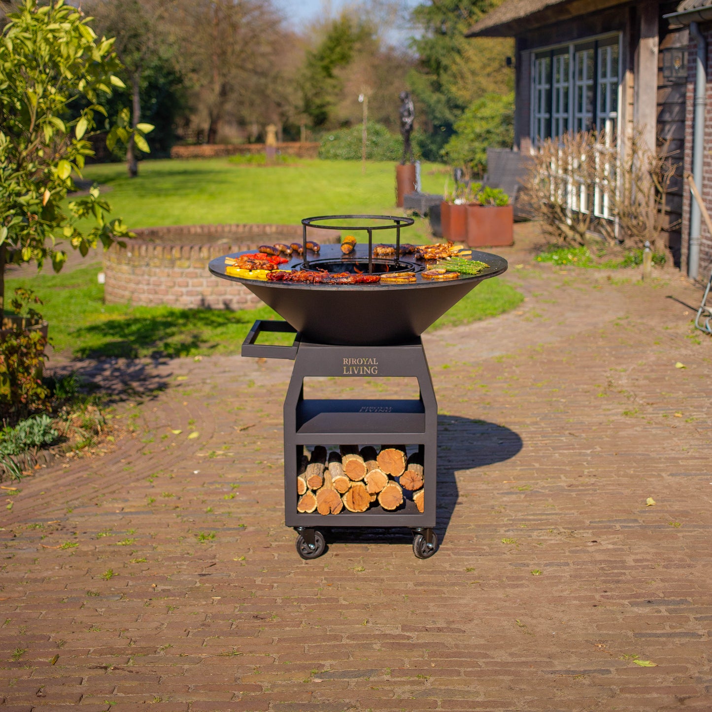 BBQ Plancha Grill Maestro XXXL Ø100cm Acciaio Corten - Con ruote grandi e contenitore per la legna