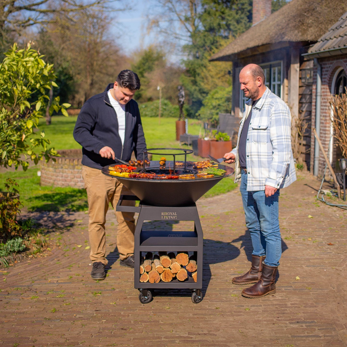 BBQ Plancha Grill Maestro XXXL Ø100cm Acciaio Corten - Con ruote grandi e contenitore per la legna