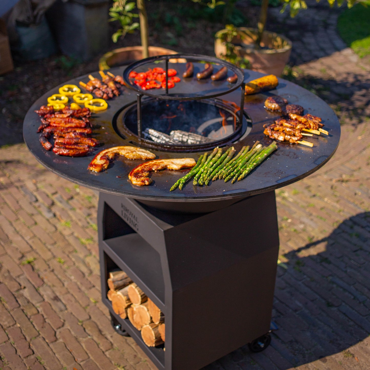 BBQ Plancha Grill Maestro XXXL Ø100cm Acciaio Corten - Con ruote grandi e contenitore per la legna