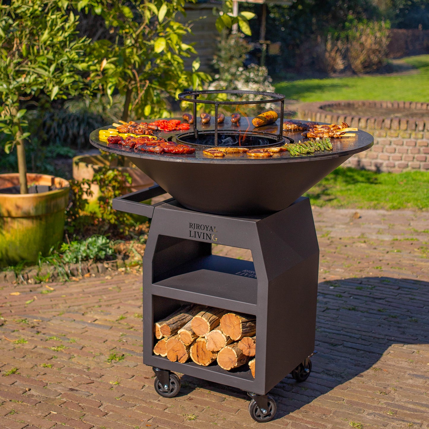 BBQ Plancha Grill Maestro XXXL Ø100cm Acciaio Corten - Con ruote grandi e contenitore per la legna