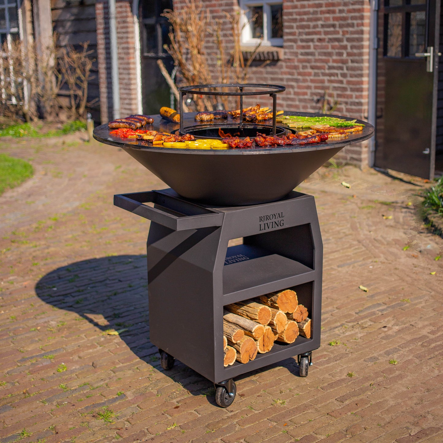 BBQ Plancha Grill Maestro XXXL Ø100cm Acciaio Corten - Con ruote grandi e contenitore per la legna