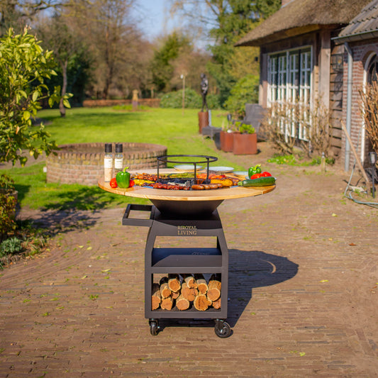 BBQ Plancha Grill Maestro XXXL Ø70cm Acciaio verniciato a polvere nero - Con ruote grandi e contenitore per la legna