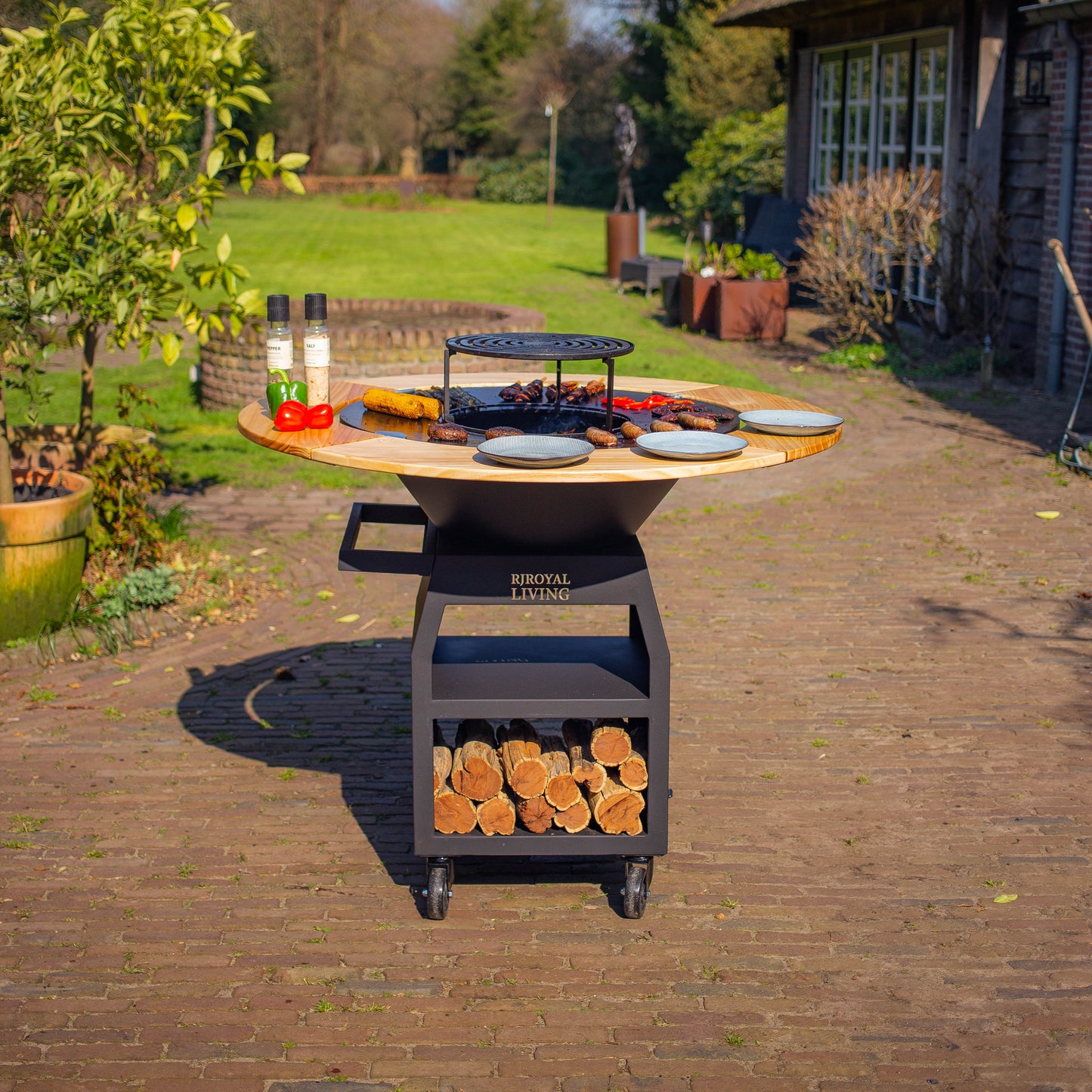 BBQ Plancha Grill Maestro XXXL Ø100cm Acciaio Corten - Con ruote grandi e contenitore per la legna