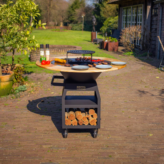 BBQ Plancha Grill Maestro XXXL Ø100cm Acciaio Corten - Con ruote grandi e contenitore per la legna