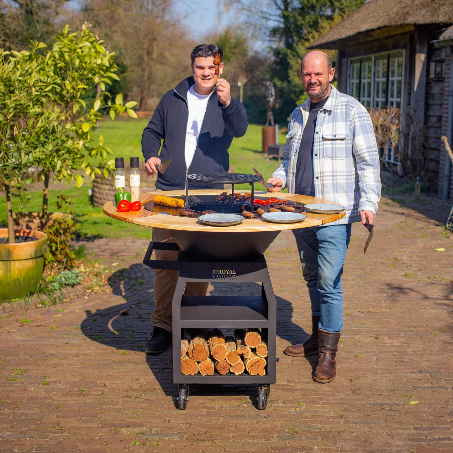 BBQ Plancha Grill Maestro XXXL Ø100cm Acciaio Corten - Con ruote grandi e contenitore per la legna