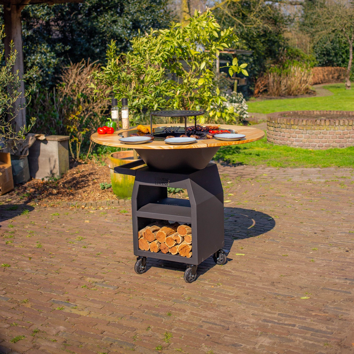 BBQ Plancha Grill Maestro XXXL Ø100cm Acciaio Corten - Con ruote grandi e contenitore per la legna