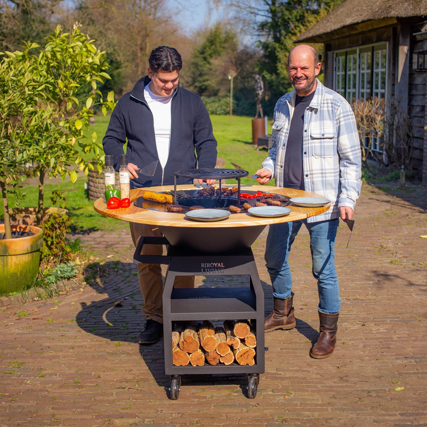 BBQ Plancha Grill Maestro XXXL Ø100cm Acciaio Corten - Con ruote grandi e contenitore per la legna