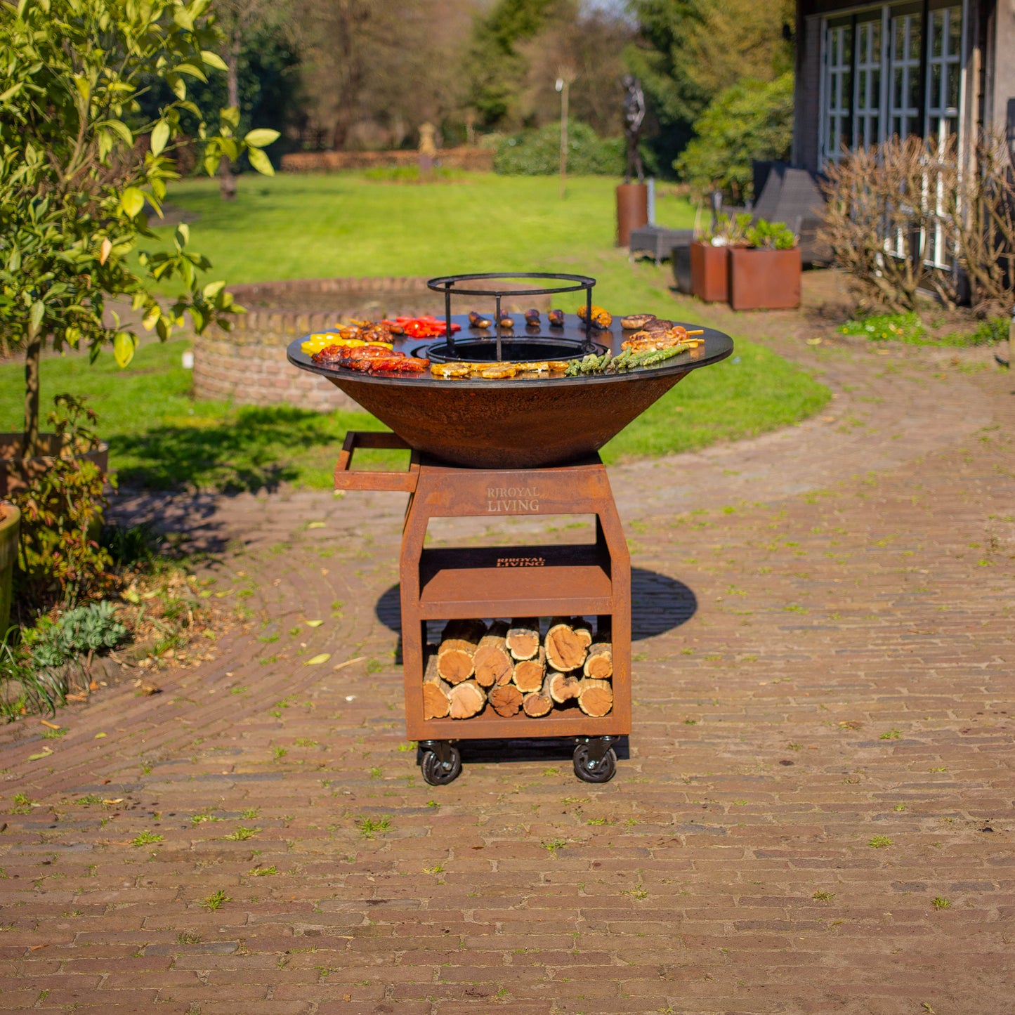 BBQ Plancha Grill Maestro XXXL Ø100cm Acciaio Corten - Con ruote grandi e contenitore per la legna