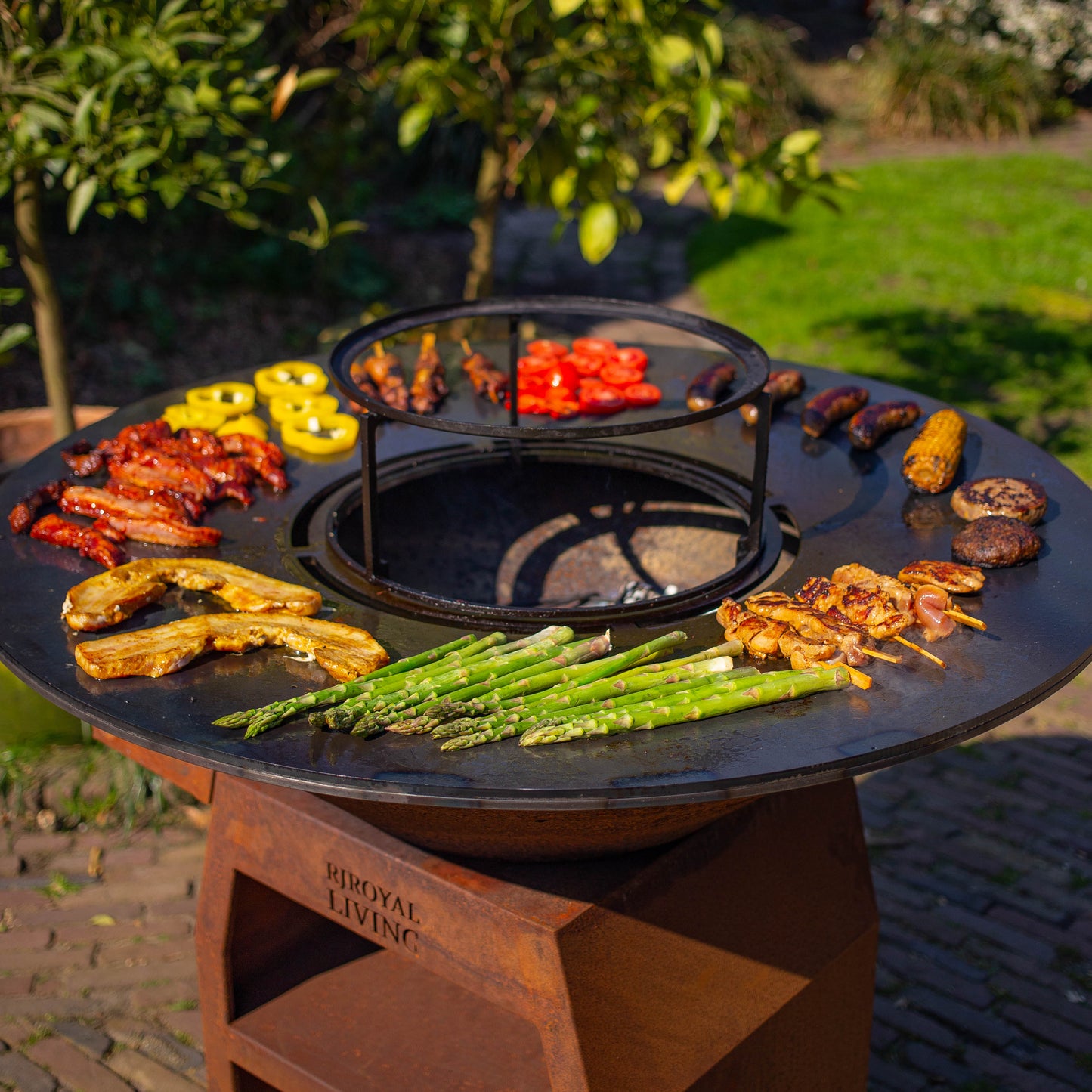 BBQ Plancha Grill Maestro XXXL Ø100cm Acciaio Corten - Con ruote grandi e contenitore per la legna