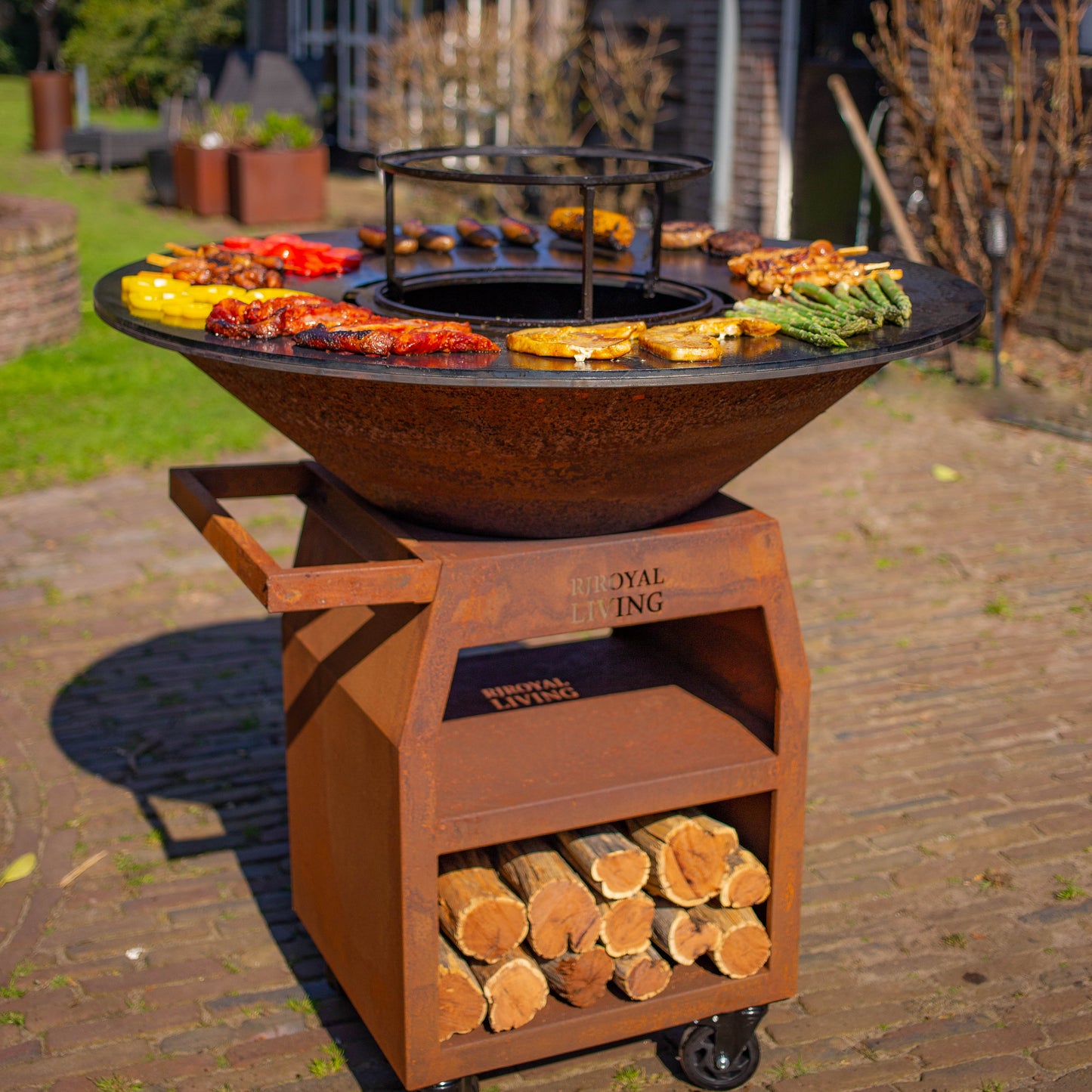 BBQ Plancha Grill Maestro XXXL Ø100cm Acciaio Corten - Con ruote grandi e contenitore per la legna
