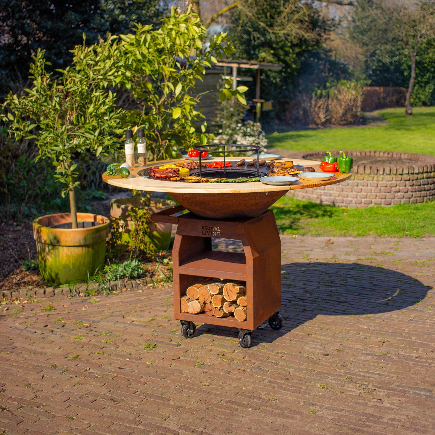 BBQ Plancha Grill Maestro XXXL Ø100cm Acciaio Corten - Con ruote grandi e contenitore per la legna