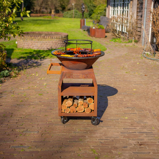 BBQ Plancha Grill Maestro XXXL Ø70cm Acciaio Corten - Con ruote grandi e contenitore per la legna