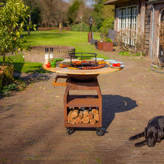 BBQ Plancha Grill Maestro XXXL Ø70cm Acciaio Corten - Con ruote grandi e contenitore per la legna