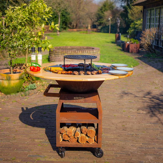 BBQ Plancha Grill Maestro XXXL Ø100cm Acciaio Corten - Con ruote grandi e contenitore per la legna
