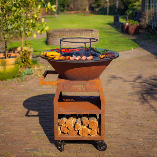 BBQ Plancha Grill Maestro XXXL Ø80cm Acciaio Corten - Con ruote grandi e contenitore per la legna