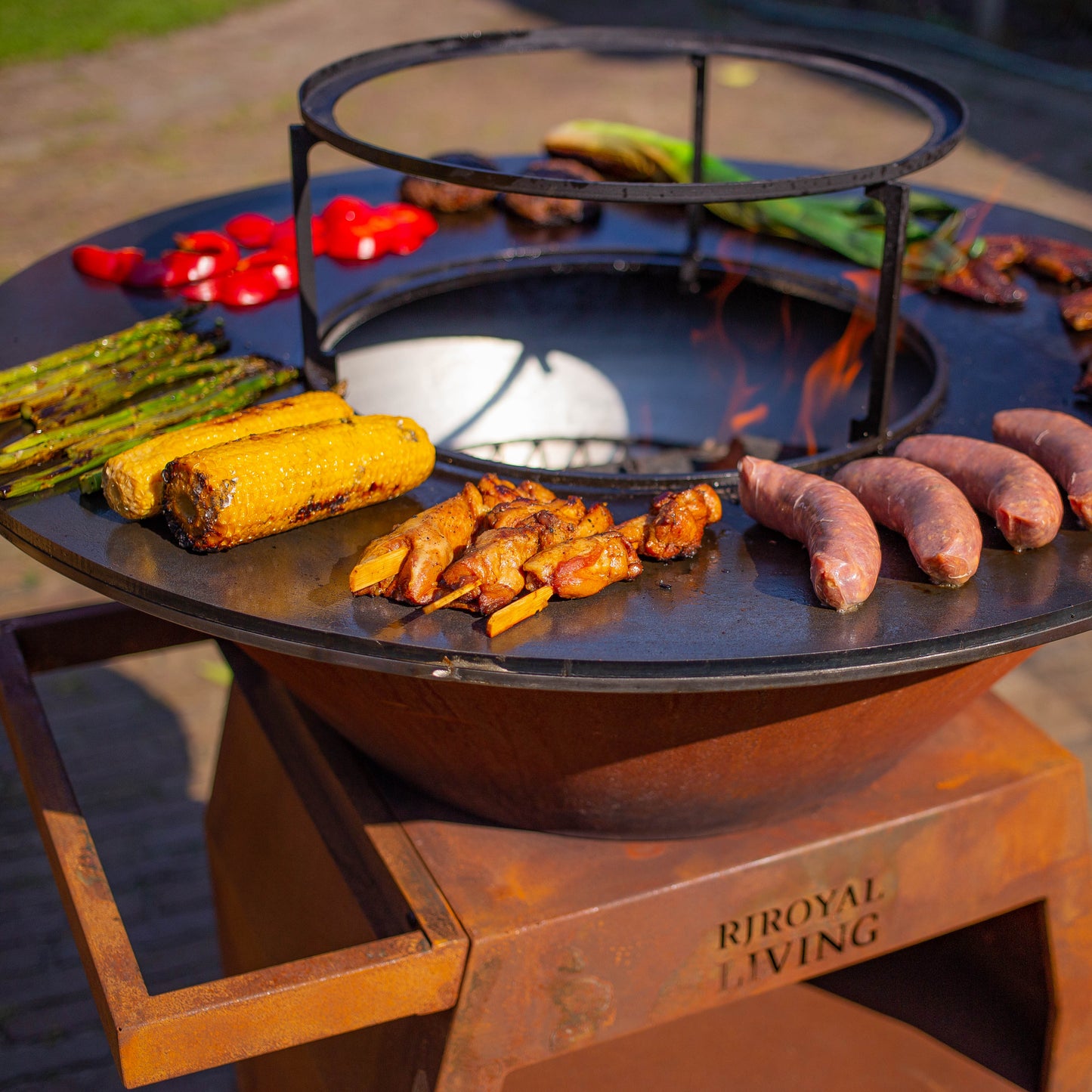 BBQ Plancha Grill Maestro XXXL Ø80cm Acciaio Corten - Con ruote grandi e contenitore per la legna