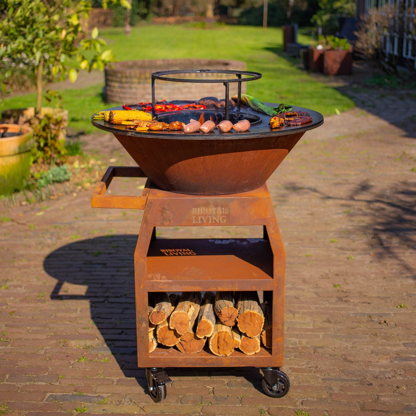BBQ Plancha Grill Maestro XXXL Ø80cm Acciaio Corten - Con ruote grandi e contenitore per la legna