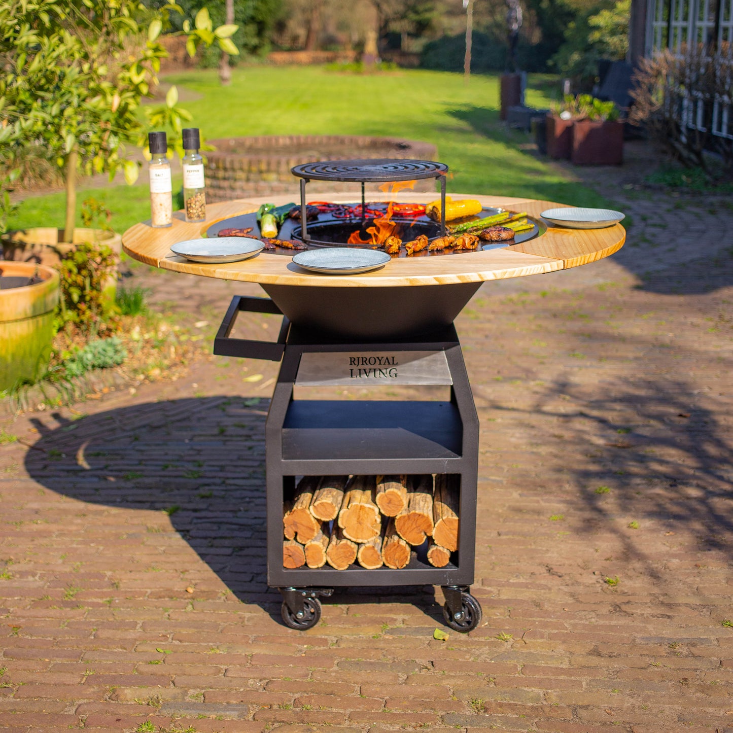 BBQ Plancha Grill Maestro Smokeless XXL Ø80cm Blackline - Plancha Senza Fumo Con Bordo in Legno Mesa