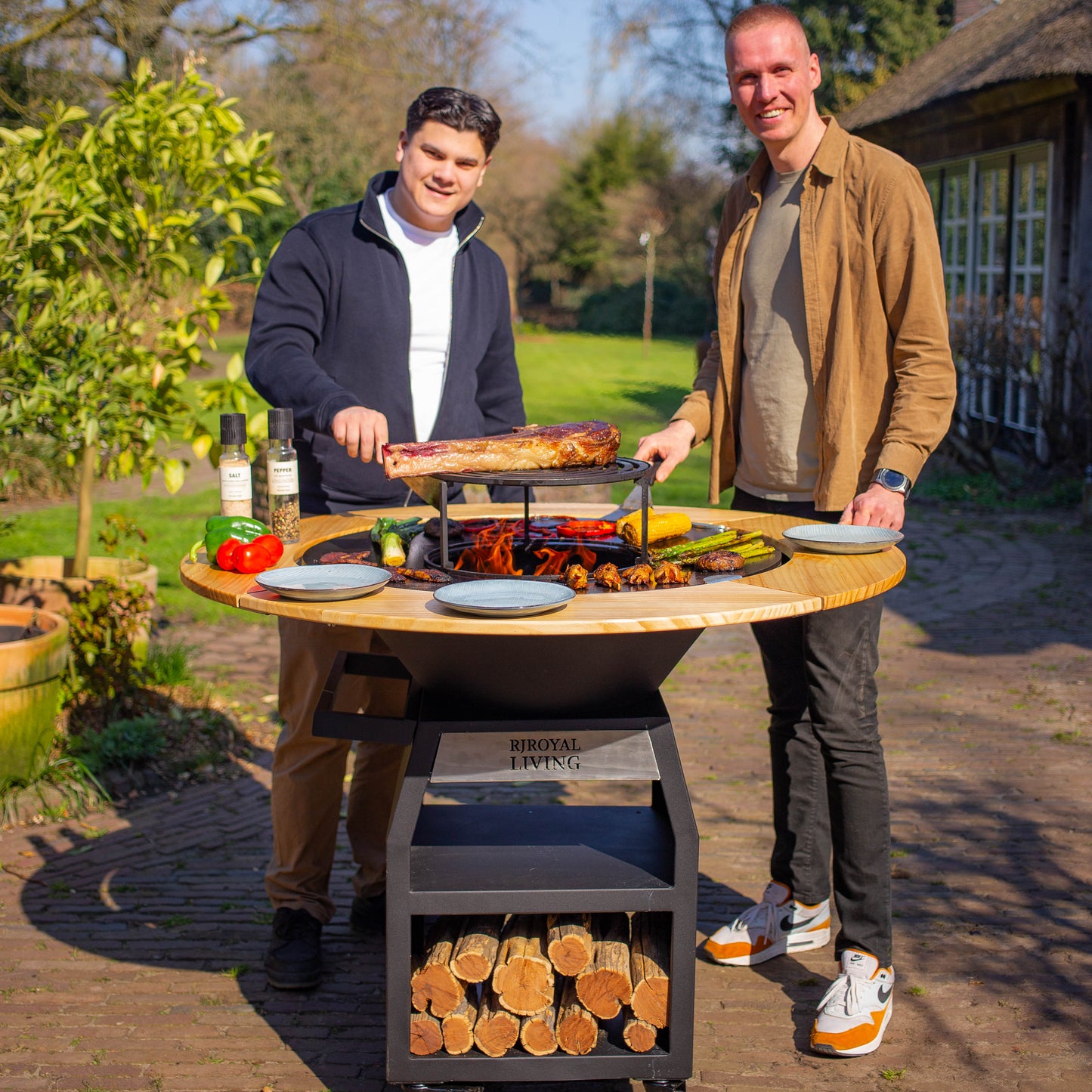 BBQ Plancha Grill Maestro Smokeless XXL Ø80cm Blackline - Plancha Senza Fumo Con Bordo in Legno Mesa