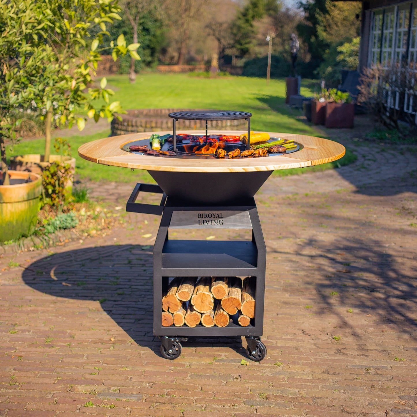 BBQ Plancha Grill Maestro Smokeless XXL Ø80cm Blackline - Plancha Senza Fumo Con Bordo in Legno Mesa