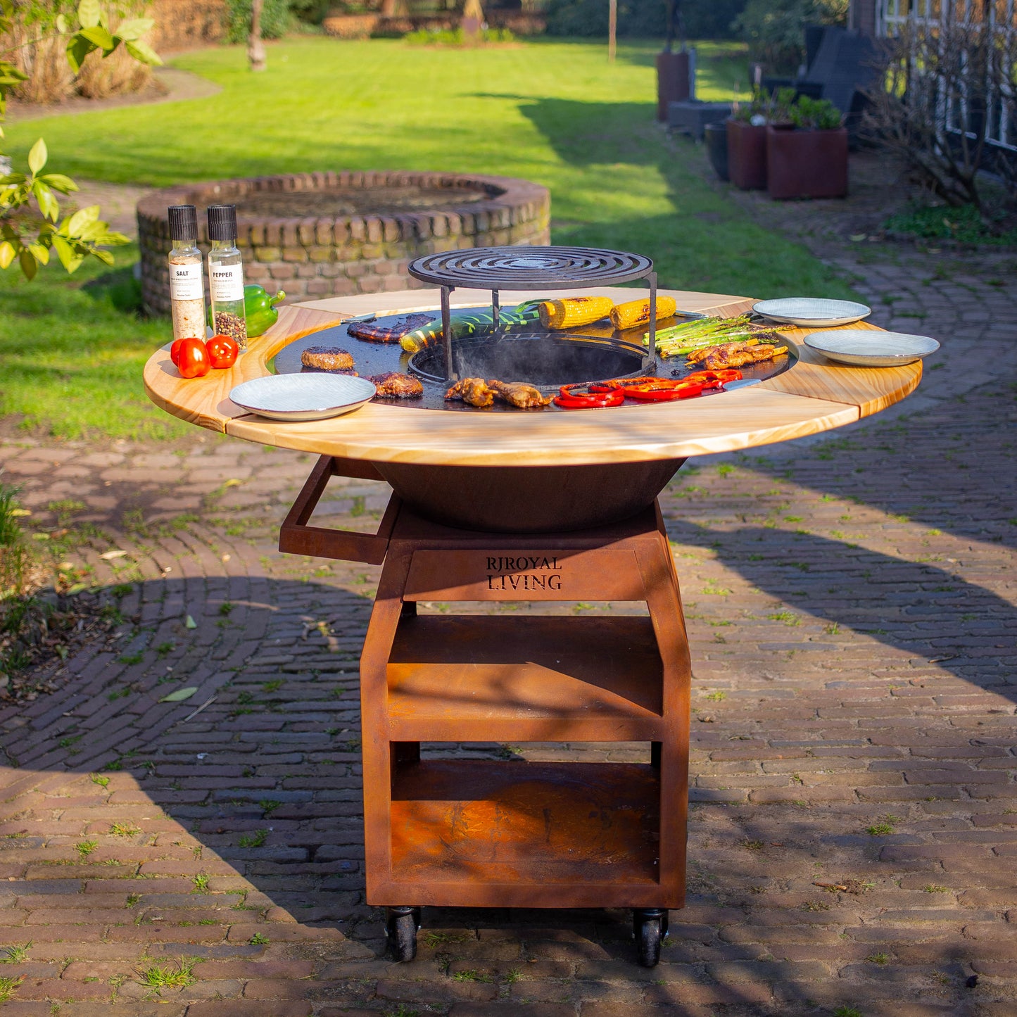 BBQ Plancha Grill Maestro Smokeless XXL Ø80cm Acciaio Corten - Plancha Senza Fumo Con Bordo in Legno Mesa