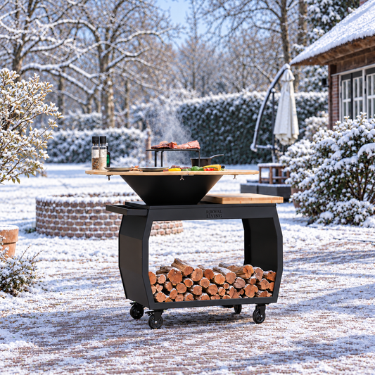 RJRoyal Living Big Jack Blackline met Mesa in besneeuwde tuin