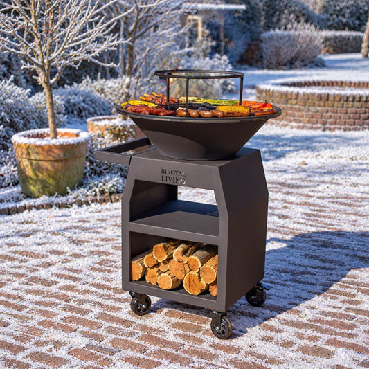Griglia Plancha BBQ Maestro Ø70 cm Blackline - Con ruote grandi e vano porta legna