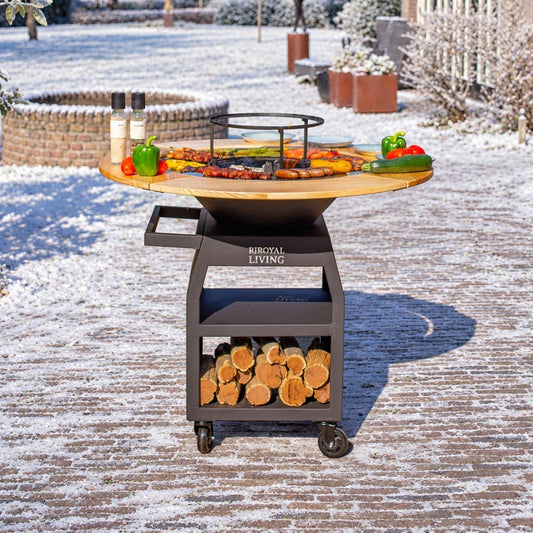 BBQ Plancha Grill Maestro XXXL Ø70cm Acciaio verniciato a polvere nero - Con ruote grandi e contenitore per la legna