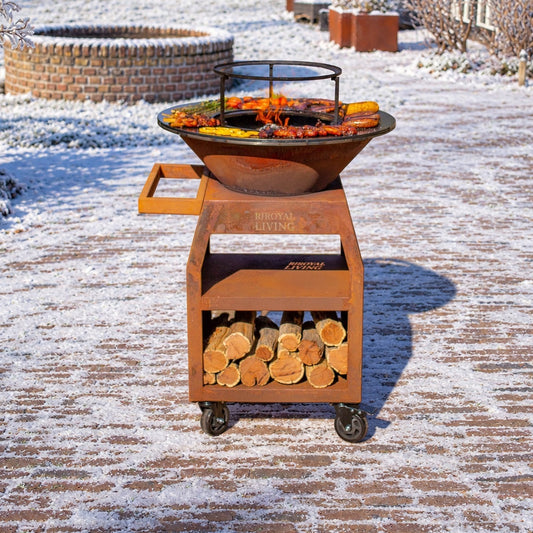 BBQ Plancha Grill Maestro XXXL Ø70cm Acciaio Corten - Con ruote grandi e contenitore per la legna