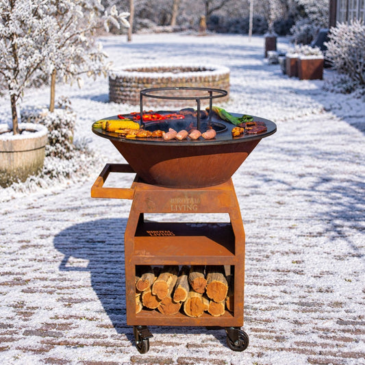 BBQ Plancha Grill Maestro XXXL Ø80cm Acciaio Corten - Con ruote grandi e contenitore per la legna