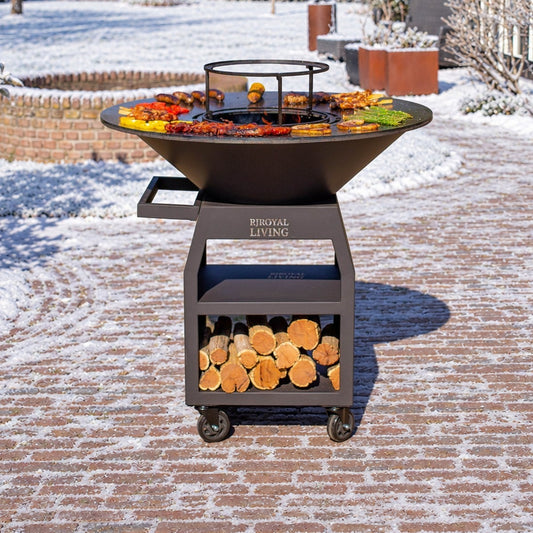 BBQ Plancha Grill Maestro XXXL Ø100cm Acciaio Corten - Con ruote grandi e contenitore per la legna